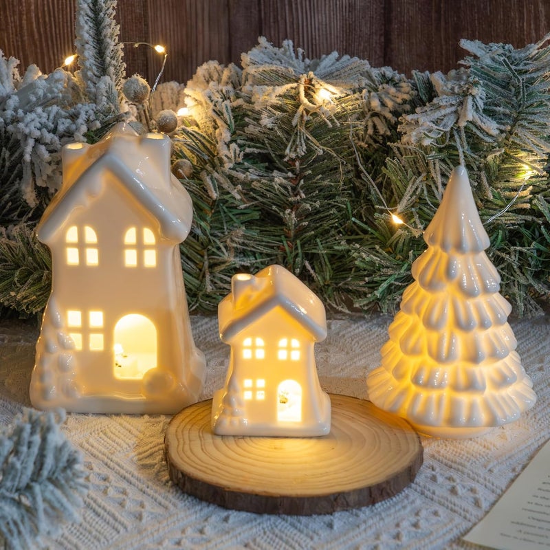 NEROSUN Ceramic Christmas Village Houses, 3Pcs LED Lighted Porcelain White Small House and Xmas Tree Tabletop Figurines, Light Up Christmas Decorations for Home Shelf Cabinet Table Winter Decor - Image 2